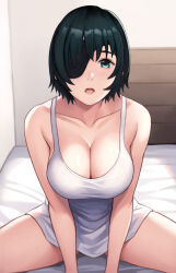 Rule 34 | 1girl, black hair, blue eyes, blush, breasts, chainsaw man, cleavage, collarbone, commentary, cowboy shot, english commentary, eyepatch, gyunzai, highres, himeno (chainsaw man), indoors, large breasts, looking at viewer, naked shirt, on bed, one eye covered, open mouth, shirt, short hair, sitting, solo, spread legs, tank top, thighs, white tank top