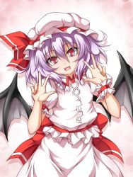 Rule 34 | 1girl, bat wings, female focus, hat, hat ribbon, open mouth, puffy sleeves, purple hair, red eyes, remilia scarlet, ribbon, roura, short hair, short sleeves, solo, touhou, v, wings, wrist cuffs