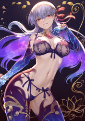 Rule 34 | 1girl, armlet, bare shoulders, blue hair, blush, bra, bracelet, breasts, collar, contrapposto, cowboy shot, earrings, fate/grand order, fate (series), flower, hair between eyes, hair ribbon, hand up, highres, jewelry, kama (fate), kama (third ascension) (fate), large breasts, lingerie, long hair, looking at viewer, lotus, mashuu (neko no oyashiro), metal collar, multicolored hair, navel, panties, parted lips, purple bra, purple hair, purple panties, purple thighhighs, red eyes, red ribbon, ribbon, short hair, silver hair, skindentation, smile, solo, standing, stomach, thighhighs, thighlet, thighs, underwear