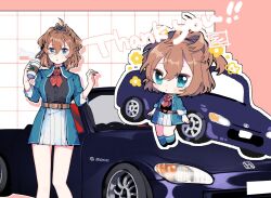 Rule 34 | 1girl, belt, blue eyes, blue nails, blue socks, brown hair, car, chibi, closed mouth, commission, cup, disposable cup, eto (etonomemo1008), hair between eyes, holding, holding cup, honda s2000, kantai collection, motor vehicle, multiple views, nail polish, parted lips, ponytail, sheffield (kancolle), signature, simple background, skeb commission, socks