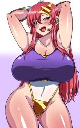 Rule 34 | 00s, 1girl, armpits, arms behind head, arms up, blush, breasts, cameltoe, cleavage, collarbone, contrapposto, curvy, gloves, gundam, gundam seed, gundam seed destiny, hair ornament, headset, highleg, highleg swimsuit, highres, huge breasts, komusou (jinrikisha), leotard, long hair, meer campbell, naughty face, one-piece swimsuit, pink hair, purple eyes, sidelocks, smile, solo, standing, swimsuit, thick thighs, thighs, wide hips
