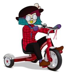 Rule 34 | 1girl, aqua hair, black hat, black pants, brown footwear, full body, glasses, hat, highres, long sleeves, nintendo, opaque glasses, open mouth, pants, plaid, plaid shirt, red hair, red shirt, riding tricycle, shadow, shirt, shoes, simple background, smile, solo, splatoon (series), splatoon 3, tosh (splatoon), tricycle, tripledip, white background