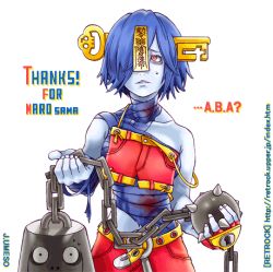 Rule 34 | 1girl, a.b.a, a.b.a (cosplay), arc system works, artist request, bandages, belt, blue hair, blue skin, capcom, colored skin, cosplay, cowboy shot, crossover, english text, female focus, guilty gear, hair over one eye, jiangshi, key, key in head, keyhole, lei lei, lock, lowres, object through head, ofuda, ofuda on head, orange hair, red eyes, sammy, simple background, solo, spiked ball, standing, sweatdrop, through head, vampire (game), watermark, web address, white background, yellow belt