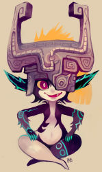 Rule 34 | 1girl, :d, absurdres, black skin, body markings, bright pupils, colored sclera, colored skin, demon girl, fang, glitchedpuppet, hands on own legs, helmet, highres, indian style, looking at viewer, midna, multicolored skin, navel, neon trim, nintendo, one eye covered, open mouth, orange hair, pointy ears, ponytail, shortstack, sitting, smile, solo, the legend of zelda, the legend of zelda: twilight princess, two-tone skin, white pupils, wide hips, yellow sclera