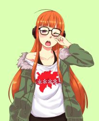 Rule 34 | 10s, 1girl, absurdres, ahoge, akiosketch, black-framed eyewear, blunt bangs, brown eyes, commentary, commission, english commentary, fur trim, glasses, green background, green jacket, hand up, headphones, highres, jacket, long hair, looking at viewer, off shoulder, one eye closed, open mouth, orange hair, persona, persona 5, sakura futaba, shirt, simple background, solo, standing, tears, upper body, white shirt, wiping tears, yawning