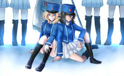 Rule 34 | 6+girls, andou (girls und panzer), back-to-back, bc freedom (emblem), bc freedom military uniform, black footwear, black hair, blue headwear, blue jacket, blue vest, boots, brown eyes, commentary, convenient censoring, dark-skinned female, dark skin, dress shirt, emblem, flag, frown, girls und panzer, hat, high collar, highres, holding, jacket, kepi, knee boots, knee up, light frown, long sleeves, looking at viewer, medium hair, messy hair, military, military hat, military uniform, mimoe, miniskirt, multiple girls, oshida (girls und panzer), out of frame, pleated skirt, shirt, sitting, skirt, standing, uniform, vest, white shirt, white skirt