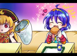 Rule 34 | bacon, blonde hair, blue eyes, blue hair, burger, cape, chibi, chinese clothes, cloak, closed eyes, crescent, cup, dress, eating, egg, food, hairband, heart, junko (touhou), long hair, multicolored clothes, multicolored dress, multicolored hairband, net, open mouth, orange hair, patchwork clothes, phoenix crown, pote (ptkan), rainbow gradient, red button, red eyes, short hair, sparkle, tabard, table, tenkyuu chimata, touhou, tray, white cape, white cloak, yellow sleeves