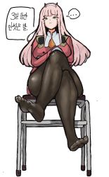 Rule 34 | 1girl, chair, darling in the franxx, feet, green eyes, highres, crossed legs, long hair, looking at viewer, pantyhose, pink hair, sitting, soles, toes, translated, zero two (darling in the franxx)