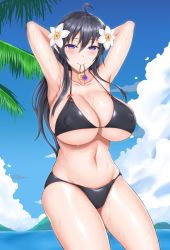 Rule 34 | 1girl, armpits, bikini, black bikini, black hair, blush, breasts, cleavage, flower, hair flower, hair ornament, hair tie in mouth, highres, huge breasts, mouth hold, navel, persephone (p&amp;d), puzzle &amp; dragons, swimsuit