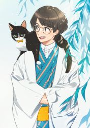 Rule 34 | 1boy, animal, animal on shoulder, brown hair, cat, cat on shoulder, glasses, hands in opposite sleeves, highres, japanese clothes, keishin, kimono, leaf, long sleeves, open mouth, original, plant, shadow, short hair, smile, solo, upper body