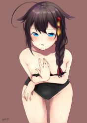 Rule 34 | 10s, 1girl, :o, ahoge, bad id, bad pixiv id, bare shoulders, black hair, black one-piece swimsuit, blue eyes, blush, braid, breast hold, breasts, cameltoe, clothes pull, collarbone, covered navel, covering privates, covering breasts, cowboy shot, hair flaps, hair ornament, hair over shoulder, hair ribbon, hairclip, highres, kantai collection, leaning forward, long hair, looking at viewer, miyakura shiiha, one-piece swimsuit, one-piece swimsuit pull, red ribbon, ribbon, shigure (kancolle), shigure kai ni (kancolle), signature, simple background, single braid, skin tight, small breasts, solo, swimsuit, tassel, twitter username