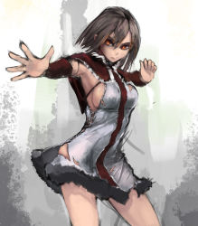 Rule 34 | 1girl, armpits, breasts, brown hair, capelet, cross-laced clothes, cross-laced dress, dress, fighting stance, large breasts, orange eyes, riftgarret, short hair, sideboob, solo, torn clothes, torn dress, vambraces