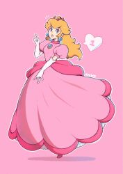 Rule 34 | 1girl, artist name, blonde hair, blue eyes, blue gemstone, blush, commentary, crown, dress, earrings, elbow gloves, english commentary, eyelashes, finger counting, full body, gem, gloves, hair between eyes, hand up, heart, highres, index finger raised, jewelry, lips, long hair, looking at viewer, mario (series), mini crown, nintendo, notice lines, outline, parted lips, pink background, pink dress, pink lips, princess peach, puffy short sleeves, puffy sleeves, red gemstone, ring, saiwoproject, short sleeves, sidelocks, simple background, smile, solo, speech bubble, sphere earrings, spoken number, super mario bros. 1, white gloves, white outline