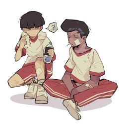 Rule 34 | 2boys, ?, bandaid, bandaid on arm, bandaid on face, black hair, blunt bangs, bottle, bowl cut, closed mouth, commentary, dark-skinned male, dark skin, english commentary, full body, gym uniform, highres, holding, holding bottle, indian style, kageyama shigeo, looking at another, male focus, mob psycho 100, mp100days, multiple boys, onigawara tenga, pants, pompadour, red pants, red shorts, shirt, shoes, short hair, short sleeves, shorts, simple background, sitting, sneakers, spoken question mark, t-shirt, towel, towel around neck, water bottle, white background, white footwear, white shirt