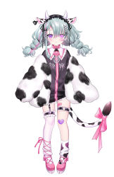 Rule 34 | 1girl, animal ears, animal print, bandaid, bandaid on leg, black dress, blush, bow, braid, closed mouth, collar, collared dress, commentary request, copyright request, cow ears, cow girl, cow horns, cow print, dress, frilled dress, frilled shirt collar, frills, full body, grey hair, hair ornament, heterochromia, highres, horns, jacket, long hair, long sleeves, looking at viewer, low twintails, multicolored hair, official art, open clothes, open jacket, pigeon-toed, pink bow, pink collar, pink eyes, pink footwear, pink hair, print jacket, print legwear, print socks, purple eyes, shiodome oji, shoes, simple background, single sock, single thighhigh, sleeves past fingers, sleeves past wrists, smile, socks, solo, standing, streaked hair, symbol-shaped pupils, tail, tail bow, tail ornament, thigh strap, thighhighs, twin braids, twintails, virtual youtuber, white background, white jacket, white socks, x hair ornament
