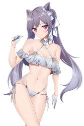 Rule 34 | 1girl, absurdres, bare shoulders, bikini, breasts, choker, cleavage, collarbone, commentary, english commentary, feint721, frilled bikini, frills, genshin impact, gloves, hair ribbon, half gloves, highleg, highleg bikini, highres, keqing (genshin impact), long hair, looking at viewer, medium breasts, navel, off-shoulder bikini, off shoulder, purple hair, ribbon, side-tie bikini bottom, signature, simple background, smile, solo, swimsuit, thigh gap, thighs, twintails, underboob, white background, white bikini, white gloves