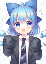 Rule 34 | 1girl, blue bow, blue eyes, blue hair, blush, bow, cirno, coa (chroo x), detached wings, fairy, fairy wings, hair between eyes, hair bow, highres, open mouth, short hair, smile, solo, touhou, wings