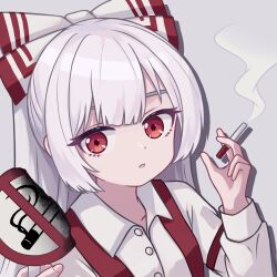 Rule 34 | 1girl, blunt bangs, bow, chunjiu, cigarette, collared shirt, dot nose, drop shadow, fujiwara no mokou, grey background, hair bow, hands up, highres, hime cut, holding, holding cigarette, holding sign, long hair, long sleeves, looking at viewer, looking to the side, no smoking, parted lips, red bow, red eyes, shirt, sidelocks, sign, simple background, sleeve garter, solo, suspenders, teeth, touhou, two-tone bow, upper body, white bow, white hair, white shirt