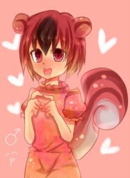 Rule 34 | 1girl, ^ ^, animal ears, bad id, bad pixiv id, blush, bonobono, closed eyes, gradient hair, index fingers together, multicolored hair, open mouth, personification, pink background, red eyes, red hair, shimarisu (bonobono), simple background, solo, squirrel