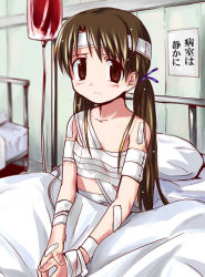 Rule 34 | 1girl, bandages, bare shoulders, bed, blanket, blurry, blush, brown eyes, brown hair, depth of field, female focus, fingernails, hair ribbon, headband, hospital, hospital bed, indoors, intravenous drip, long hair, looking at viewer, low twintails, medical, original, pillow, ribbon, sad, sarashi, sitting, solo, twintails, yamai