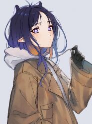 Rule 34 | 1girl, black gloves, brown coat, closed mouth, coat, drawstring, gloves, gradient hair, grey background, grey hoodie, highres, holding, hololive, hololive english, hood, hood down, hoodie, long sleeves, looking at viewer, mole, mole under eye, multicolored hair, ninomae ina&#039;nis, orange hair, orinte, pointy ears, purple eyes, purple hair, simple background, solo, tentacle hair, upper body, virtual youtuber, wing collar