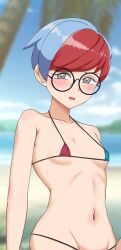 Rule 34 | 1girl, alternate costume, bikini, black-framed eyewear, blue hair, blurry, blurry background, blush, breasts, collarbone, commentary request, creatures (company), day, game freak, glasses, grey eyes, highres, kenja panda, looking at viewer, micro bikini, multicolored hair, navel, nintendo, open mouth, outdoors, palm tree, penny (pokemon), pokemon, pokemon sv, red hair, round eyewear, short hair, sky, small breasts, solo, swimsuit, tree, two-tone hair