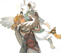 Rule 34 | 2boys, beak, bird boy, blonde hair, closed eyes, emilye draws, feathered wings, furry, furry male, happy, highres, hug, lifting person, link, multiple boys, nintendo, official alternate costume, pointy ears, ponytail, rito, short ponytail, snowquill set (zelda), talons, the legend of zelda, the legend of zelda: tears of the kingdom, tulin (zelda), wings