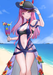 Rule 34 | 1girl, absurdres, alternate costume, armpits, bare shoulders, black hat, blue one-piece swimsuit, blue sky, breasts, cleavage, cloud, commentary request, cup, day, drinking glass, drinking straw, feet out of frame, female focus, fire emblem, fire emblem engage, fire emblem heroes, flower, grin, hand up, hat, hat flower, highres, holding, holding cup, ivy (fire emblem), large breasts, long hair, looking at viewer, matching hair/eyes, navel, nintendo, ocean, official alternate costume, one-piece swimsuit, parted lips, purple eyes, purple hair, sky, smile, solo, standing, stomach, swimsuit, takaneko, thighs, tropical drink, water