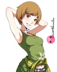Rule 34 | 1girl, armpits, arms behind head, arms up, breasts, grin, midriff, navel, persona, persona 4, satonaka chie, small breasts, smile, solo