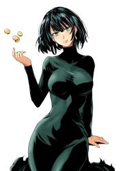 Rule 34 | 1girl, breasts, coin, dress, fubuki (one-punch man), green dress, green eyes, haruhisky, head tilt, highres, large breasts, long dress, looking at viewer, one-punch man, short hair, simple background, solo, white background, wide hips