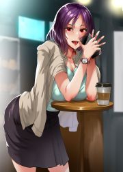 Rule 34 | 1girl, absurdres, beige jacket, black skirt, breast rest, breasts, breasts on table, cellphone, cleavage, coffee cup, cup, disposable cup, green shirt, highres, holding, holding phone, jacket, jacket on shoulders, large breasts, leaning forward, long hair, long skirt, mature female, nohito, open mouth, original, phone, purple hair, red eyes, shirt, shirt tucked in, skirt, smartphone, solo, standing, table, watch