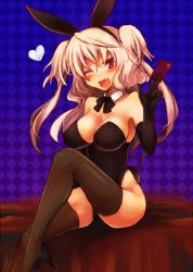 Rule 34 | 1girl, animal ears, blonde hair, bow, bowtie, breasts, card, cleavage, detached collar, elsie-san (oshiruko), fake animal ears, fang, gloves, large breasts, leotard, long hair, one eye closed, original, oshiruko (tsume), playboy bunny, rabbit ears, rabbit tail, red eyes, sagging breasts, solo, tail, thighhighs, twintails, two side up, wink