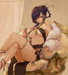 Rule 34 | 1girl, black dress, black hair, blue eyes, breasts, chair, commentary, creatures (company), crossed legs, cup, cutesexyrobutts, dress, drinking glass, elesa (pokemon), flute, game freak, hair over one eye, highres, instrument, jewelry, long hair, looking at viewer, medium breasts, nail polish, necklace, nintendo, parted lips, pokemon, pokemon bw2, revealing clothes, sitting, smile, solo, thighs, wine glass