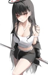 Rule 34 | 1girl, bare shoulders, black hair, black jacket, black shorts, blue archive, breasts, bright pupils, camisole, chabi, cleavage, collarbone, earrings, hair ornament, hairclip, halo, highres, jacket, jewelry, large breasts, long hair, looking at viewer, midriff, necklace, off shoulder, red eyes, rio (blue archive), shorts, stud earrings, very long hair, white camisole, white pupils