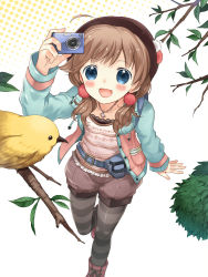 Rule 34 | 1girl, bird, blush, boots, branch, brown hair, camera, fanny pack, hair ornament, hat, highres, jacket, jewelry, necklace, original, pantyhose, short hair, shorts, smile, solo, striped clothes, striped pantyhose, takeda mika, thighhighs, twintails, white background