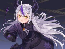 Rule 34 | 1girl, absurdres, ahoge, ascot, black horns, braid, braided bangs, chain, collar, fang, grey hair, highres, hololive, horns, la+ darknesss, la+ darknesss (1st costume), long hair, looking at viewer, maririri111, metal collar, multicolored hair, o-ring, open mouth, pointy ears, purple hair, sleeves past fingers, sleeves past wrists, slit pupils, smile, solo, streaked hair, striped horns, virtual youtuber, yellow ascot