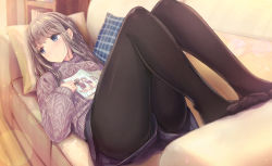 Rule 34 | 1girl, aran sweater, black pantyhose, black shorts, blue eyes, blurry, blurry background, blush, book, bookshelf, brown hair, brown sweater, cable knit, closed mouth, commentary request, couch, depth of field, highres, indoors, pantyhose under shorts, long hair, long sleeves, looking away, looking to the side, lying, missile228, no shoes, on back, on couch, original, pantyhose, pillow, puffy long sleeves, puffy sleeves, short shorts, shorts, sleeves past wrists, solo, sweater