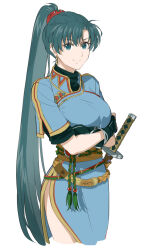 Rule 34 | 1girl, black gloves, blue dress, china dress, chinese clothes, closed mouth, commentary, cropped torso, crossed arms, delsaber, dress, earrings, fingerless gloves, fire emblem, fire emblem: the blazing blade, gloves, green eyes, green hair, highres, jewelry, katana, long hair, looking at viewer, lyn (fire emblem), nintendo, ponytail, short sleeves, simple background, smile, solo, sword, very long hair, weapon, white background