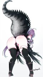 Rule 34 | 1girl, absurdres, arknights, artist name, ass, bare shoulders, bent over, boots, braid, crocodilian tail, crotch seam, gloves, grey gloves, grey hair, highres, huge ass, large tail, long hair, looking at viewer, looking back, mikagura, orange eyes, pointy ears, shiny skin, signature, single braid, skindentation, solo, tail, thighhighs, tomimi (arknights), torn clothes, torn thighhighs, white background
