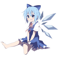 Rule 34 | 1girl, barefoot, between legs, blue dress, blue eyes, blue hair, blush, bow, cirno, dot nose, dress, feet, female focus, full body, hair bow, hakobako, hand between legs, ice, looking at viewer, matching hair/eyes, open mouth, ribbon, shirt, short hair, simple background, soles, solo, spread legs, teeth, toes, touhou, upper teeth only, v arms, white background, wings