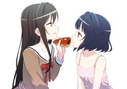 Rule 34 | 2girls, bad id, bad pixiv id, bang dream!, black hair, bow, bowtie, camisole, chocolate cornet, collarbone, commentary request, feeding, food, from side, green eyes, hanazono tae, holding, holding food, long hair, long sleeves, looking at viewer, multiple girls, open mouth, pink camisole, red eyes, red neckwear, saiko dagashi, school uniform, serafuku, short hair, simple background, smile, upper body, ushigome rimi, white background, yuri