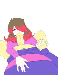 Rule 34 | bete noire, blue sweater, brown hair, fellatio, frisk (undertale), glitchtale, highres, holding hands, large penis, long hair, oral, penis, pink eyes, pink hair, purple sweater, sweater, undertale, white background, yazu (artists)