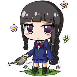 Rule 34 | 10s, 1girl, alternate costume, black hair, blazer, blunt bangs, bow, braid, carillus, chibi, flower, holding, jacket, kantai collection, kitakami (kancolle), looking at viewer, love live!, love live! school idol project, plaid, plaid skirt, pleated skirt, purple eyes, school uniform, simple background, single braid, skirt, solo, watering can, white background