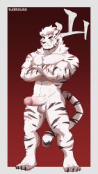 Rule 34 | 1boy, abs, animal ears, arkkus, arknights, bara, blush, completely nude, crossed arms, erection, full body, furry, furry male, highres, large pectorals, male focus, mountain (arknights), muscular, muscular male, navel, nude, pectorals, penis, scar, scar across eye, scar on face, short hair, solo, standing, thick thighs, thighs, tiger boy, tiger ears, tiger stripes, uncensored, white fur
