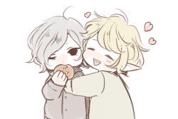 Rule 34 | 2boys, ^ ^, affectionate, blonde hair, blush, cheek-to-cheek, chibi, closed eyes, dungeon meshi, eating, elf, closed eyes, food, grey hair, hand up, happy, heads together, heart, holding, holding food, long sleeves, looking at viewer, male focus, mithrun, mithrun&#039;s brother, multiple boys, pajamas, pointy ears, r06ku, short hair, simple background, uneven eyes, upper body, white background