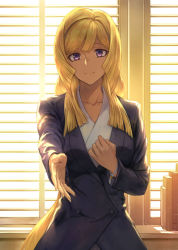 Rule 34 | 1girl, backlighting, window blinds, blonde hair, bracelet, breasts, closed mouth, collarbone, commentary request, formal, guchico, gundam, gundam tekketsu no orphans, hand on own chest, indoors, jewelry, kudelia aina bernstein, large breasts, long hair, looking at viewer, outstretched arm, purple eyes, smile, solo, suit, upper body, very long hair, window