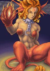 Rule 34 | 1girl, breasts, claws, collar, demon, demon girl, fairy, fire, furry, highres, jue (ys), pointy ears, red eyes, sacrificabominat, tail, wings, ys, ys vi, ys vi ark of napishtim