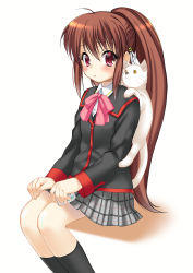 Rule 34 | 1girl, bad id, bad pixiv id, bow, brown hair, cat, lennon, little busters!, long hair, natsume rin, pink bow, ponytail, red eyes, school uniform, sitting, yupachi