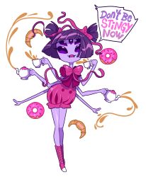 Rule 34 | 1girl, bow, bug, croissant, cup, doughnut, english text, extra arms, extra eyes, fangs, food, full body, hair bow, hair ornament, highres, arthropod girl, monster girl, muffet, oskar vega, puffy sleeves, pumpkin pants, purple eyes, purple hair, ribbon, shoes, short hair, simple background, solo, speech bubble, spider, spider girl, teacup, teapot, two side up, undertale, white background