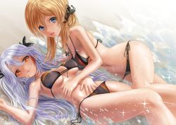 Rule 34 | 2girls, :d, :q, anchor hair ornament, armpits, azur lane, bare legs, bare shoulders, beach, bikini, black bikini, black ribbon, blonde hair, blue eyes, breasts, breasts apart, cleavage, closed mouth, covered erect nipples, cross, crossover, day, earrings, flag print, foreshortening, german flag bikini, glint, hair ornament, hair ribbon, halterneck, hand on another&#039;s stomach, hand on own stomach, historical name connection, iron cross, jewelry, kantai collection, kein hasegawa, knee up, long hair, looking at viewer, low twintails, lying, medium breasts, mole, mole on breast, multicolored hair, multiple girls, name connection, navel, necklace, official alternate costume, on back, on side, open mouth, orange eyes, outdoors, pendant, prinz eugen (azur lane), prinz eugen (kancolle), prinz eugen (unfading smile) (azur lane), red hair, ribbon, side-tie bikini bottom, signature, silver hair, smile, sparkle, splashing, stomach, streaked hair, string bikini, swimsuit, tareme, thighs, tongue, tongue out, twintails, two side up, underboob, very long hair, water, wet